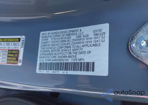 2025 Honda Odyssey Touring from USA, damaged, VIN 5FNRL6H80SB062143